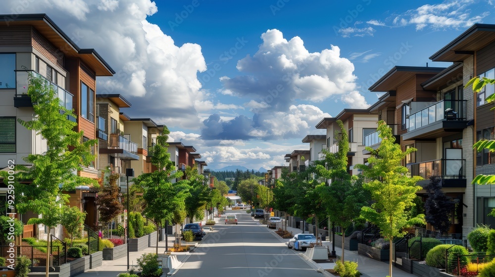 Aufkleber create an image of a mixed-use residential area with contemporary apartment complexes and charming h