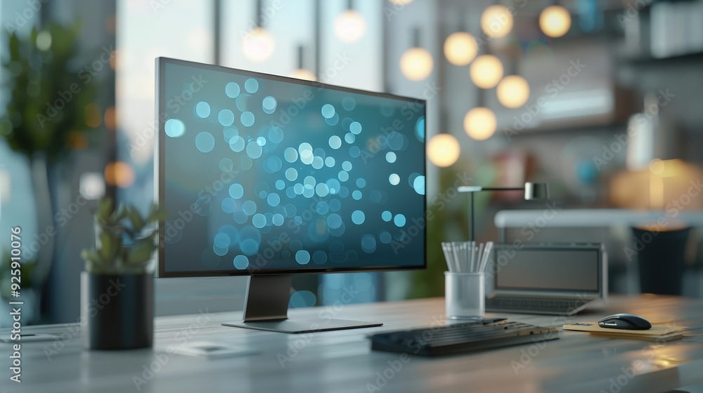 Poster create an image of a modern office desk with a high-end computer, including a large monitor and a ti