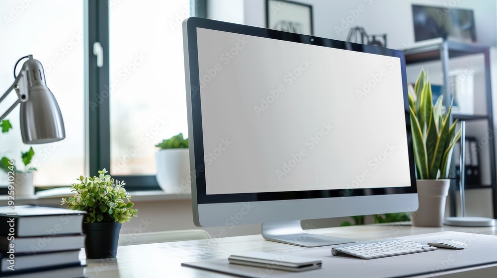 Poster create an image of a professional office computer setup, featuring a large screen, a wireless keyboa