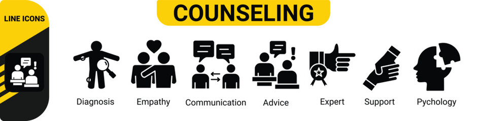 Counseling banner web icon vector illustration concept for counseling psychology and mental healthcare with an icon of diagnosis, empathy, communication, advice, expert, and support