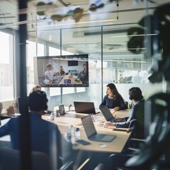 Professionals in a modern office engaged in a virtual meeting, focusing on innovative ideas and teamwork, equipped with laptops and video conferencing tools.