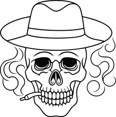 skull wearing hat doing smoke line art illustration 