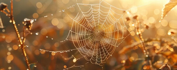 Delicate spiderweb with dewdrops, morning light, macro, ethereal, soft focus