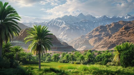 Obraz premium Create an image , with its lush palm groves and traditional kasbahs set against a backdrop of rugged mountains.