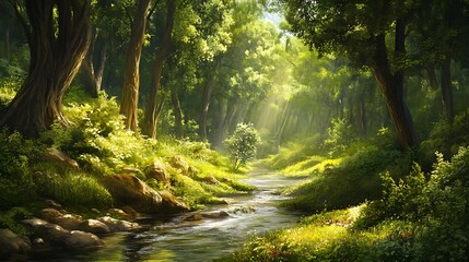A stream flows through a lush green forest, sunlight streams through the canopy.