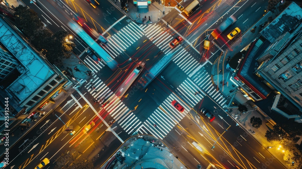 Poster create an image of two intersecting roads at a busy urban intersection, with traffic lights, cars, a