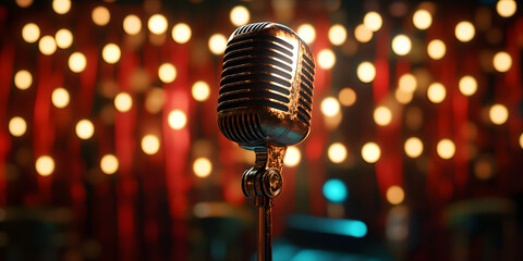Theatre cabaret comedy show opera music concert club standup scene. Beginning of the show adult entertainment advertisement. Close up stage vintage microphone on bar stage, copy paste place for text