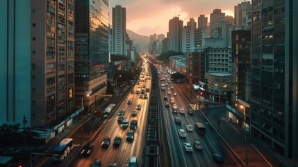 Fototapeta premium Create an image of two roads leading through a bustling cityscape, with one road busy with traffic and the other quieter