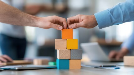 Two hands collaborating to stack colorful blocks, symbolizing teamwork and creativity in a modern workspace.