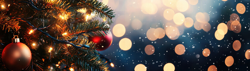 Beautifully decorated Christmas tree with festive lights and ornaments, capturing the joyful holiday spirit against a sparkling bokeh background.