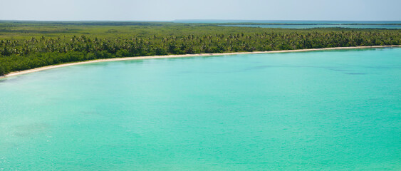 Aerial view of Saona Island in Dominican Republic. Caribbean Sea with clear blue water sandy beach and green palms. Tropical beach. 