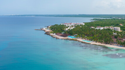 Obraz premium Panorama of Dominicus beach coastline,Aerial view of sandy beach and crystal clear sea,Caribbean sea.Dominican republic.