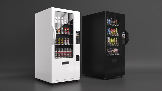 Monochrome vending machine mockup with snacks and beverages, featuring empty chocolate and soda in an automatic dispenser, isolated in a side view.