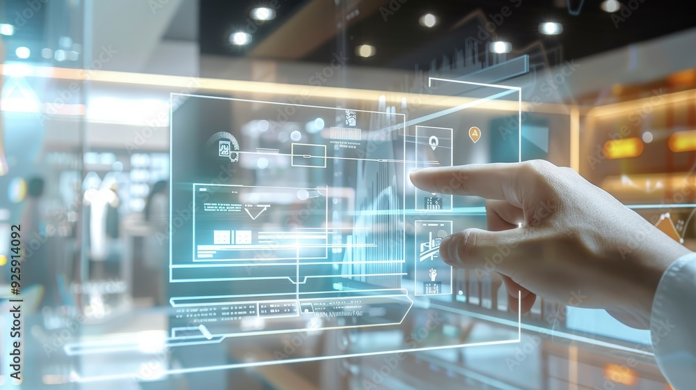 Poster depict a banking system using augmented reality for enhanced customer engagement.