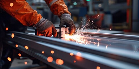 Trimming aluminum tracks for the setup of solar energy systems.