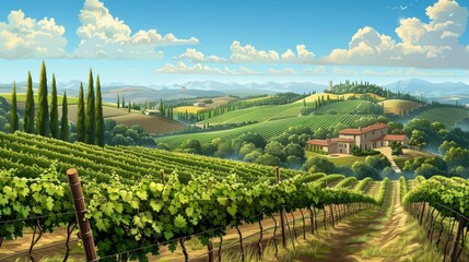 Depict a beautiful Italian vineyard with rows of grapevines and a scenic countryside backdrop