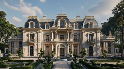 Obraz premium Depict a classic luxury residence with a beautifully detailed facade, grand entrance, and luxurious garden features.