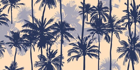 Obraz premium Vibrant continuous design featuring outlines of lush palm trees, evoking an abstract jungle atmosphere with ethnic tribal floral elements.