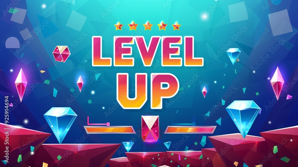 Poster Premium, 3D cartoon template for a game with a text-based interface and a level-up feature.