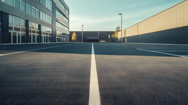 Leerer Parkplatz vor modernem B&uuml;rogeb&auml;ude