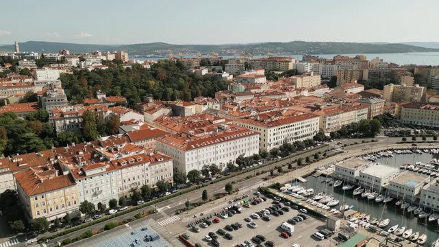 Waterfront Promenade And Marina Along Riva Grumula Of Trieste In Friuli-Venezia Giulia Region, Italy. Aerial Shot