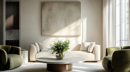 A modern living room with white walls