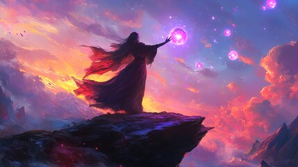 Enchanting Sorceress Casting a Spell: Vibrant Poster for Magical Home Decor, Featuring a Mystical Scene of Colorful Robes and Orbs Against a Stunning Sunset Sky