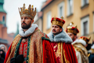 Obraz premium King and royal entourage in elaborate costumes during a historical procession in a European city