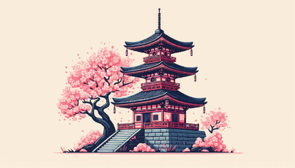 japanese pagoda and cherry blossoms