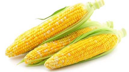 Summer corn cobs, bright yellow kernels, on a clean white background.