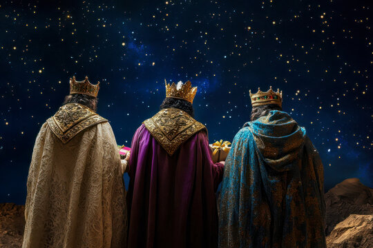 Three kings gazing at a starry night sky while holding gifts in a desert landscape