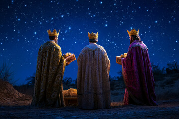 Three wise men presenting gifts under a starry night sky