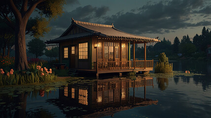 Fototapeta premium A thatched house in front garden pond