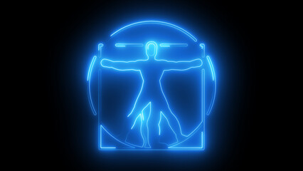 Glowing Blue Vitruvian Man, Neon Human Proportions Figure, Futuristic da Vinci Design, Luminous Anatomy Symbol, Modern Neon Human Figure, Renaissance Glowing Icon