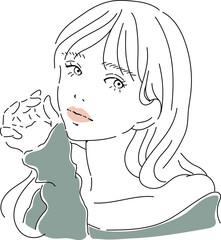 視線を送る美しいロングヘアの女性の線画イラスト