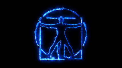 Glowing Blue Vitruvian Man, Neon Human Proportions Figure, Futuristic da Vinci Design, Luminous Anatomy Symbol, Modern Neon Human Figure, Renaissance Glowing Icon