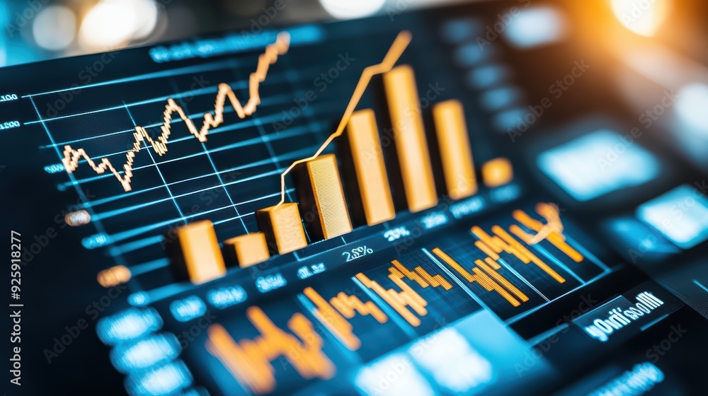 Poster a close-up view of a digital financial dashboard displaying charts and graphs with varying statistic