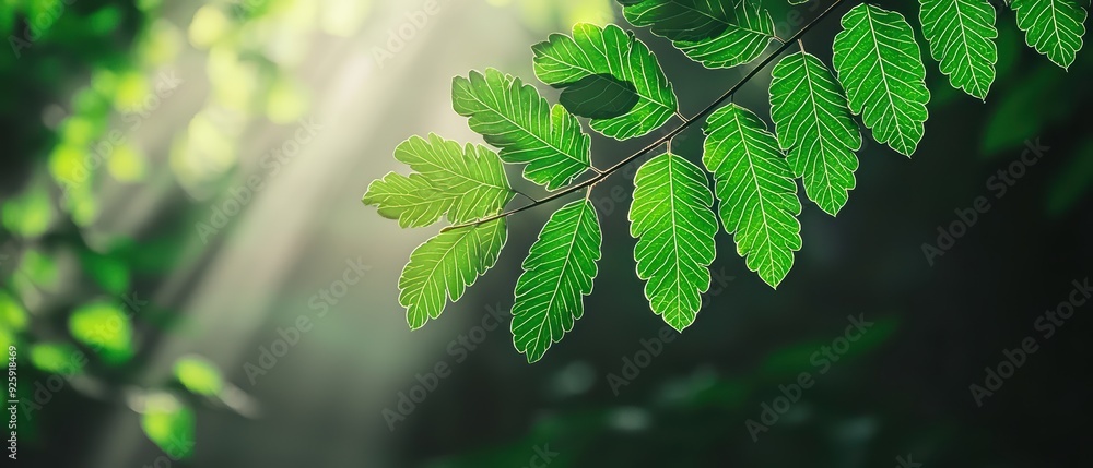 Poster a close-up view of vibrant green leaves illuminated by soft sunlight, creating a serene and refreshi