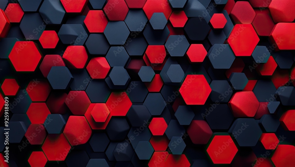 Poster red and blue hexagonal pattern.