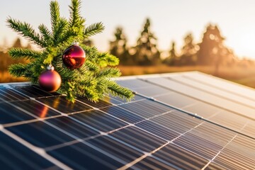 A festive holiday scene featuring solar panels adorned with Christmas ornaments and a pine branch, symbolizing renewable energy.