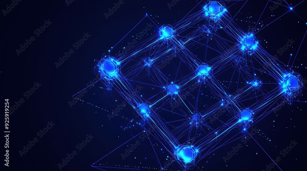 Poster a futuristic network structure with glowing blue nodes and connections illustrating technology, data