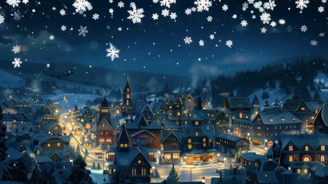  A cozy winter village illuminated with warm lights under a dark, snowy night sky with large falling snowflakes. Festive holiday scene.