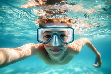 Naklejka premium School boy underwater wearing goggles takes selfie while snorkeling in clear water. Travel adventure and excitement of exploring marine life. Vacation timespending activitity diving snorkeling concept