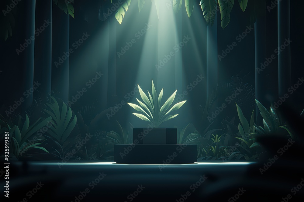 Poster a mystical plant illuminated by soft rays of light in a serene forest, creating a tranquil and encha