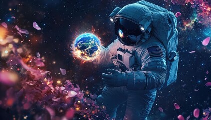 Astronaut holding Earth with flower petals floating.