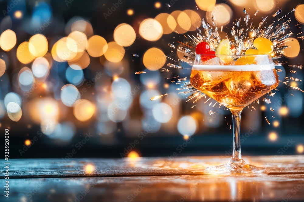 Poster a refreshing cocktail with splashes and colorful garnishes, illuminated by vibrant bokeh lights in t