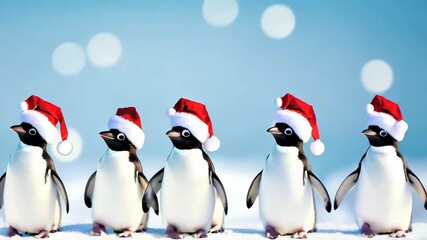 Three cute penguins wearing Santa hats, standing in a row against a festive bokeh background. Christmas holiday theme.

