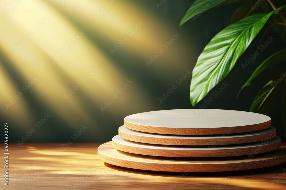 Poster a serene display of wooden plates with soft sunlight and lush greenery, creating a calming atmospher