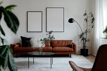 Two blank vertical din A posters with black frames in scandinavian style living room interior design. Frame mockups on a white wall, black floor lamp, brown leather sofa, coffee table, potted plants
