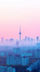 Obraz premium Ethereal Urban Dawn: Misty Cityscape Silhouette at Sunrise. Abstract Skyline Shrouded in Fog for Creative Marketing and Advertising. AI-Generated Atmospheric Design for UI, Web, and Poster Backgrounds